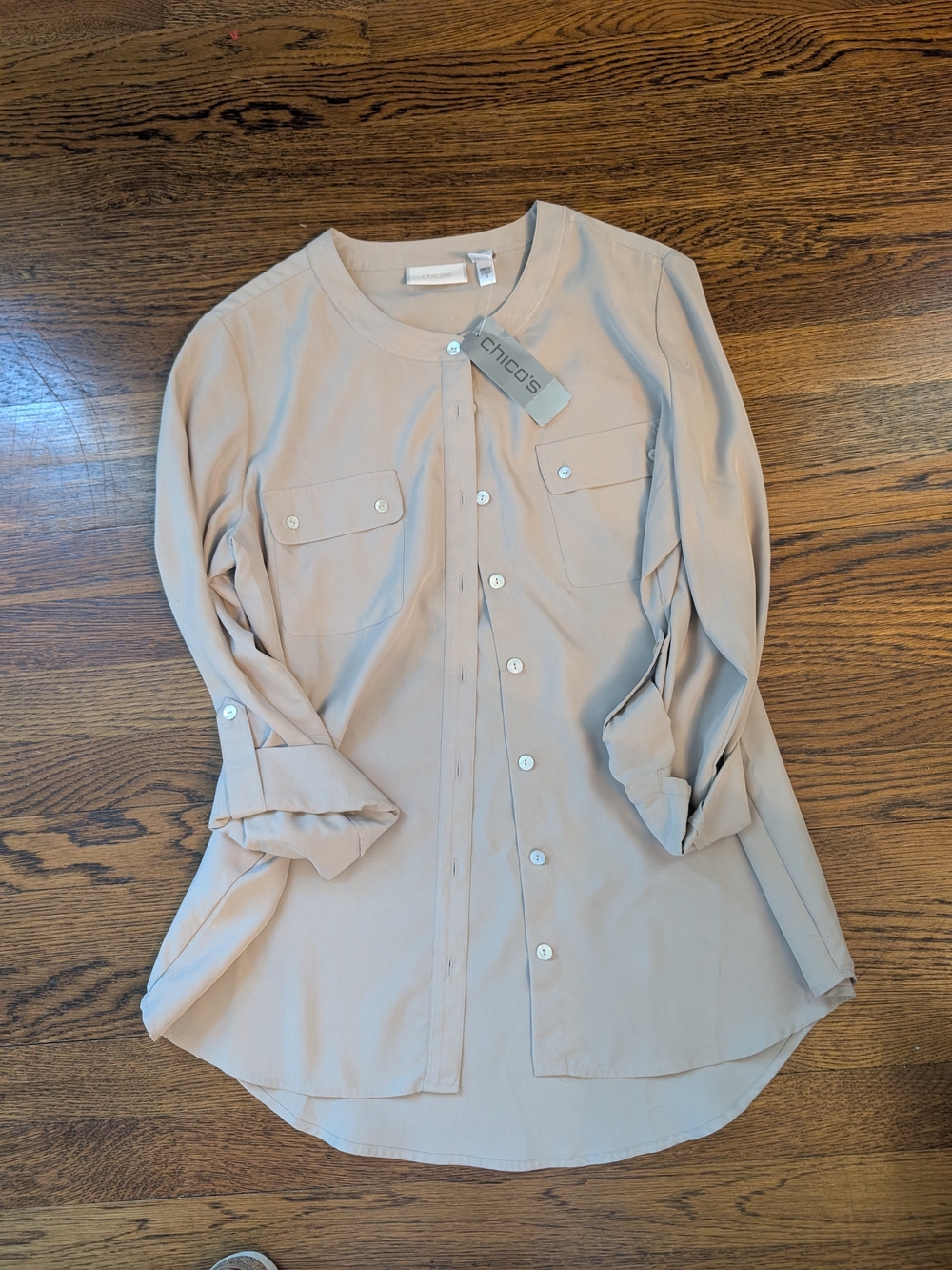 Chico's Taupe Button-Front Long Sleeve Shirt